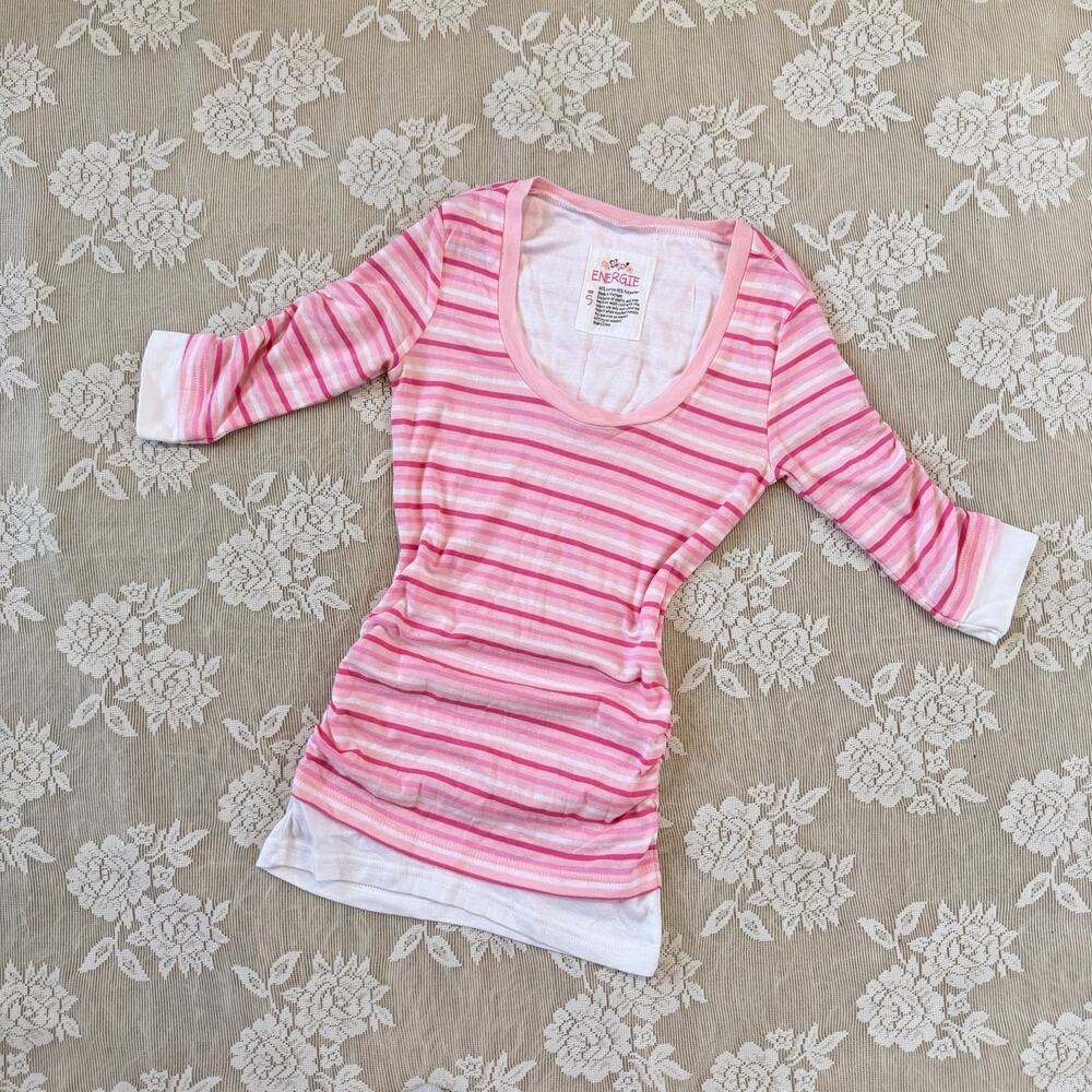 Vintage Energie Pink Striped Ruched Long Sleeve Top Size Small